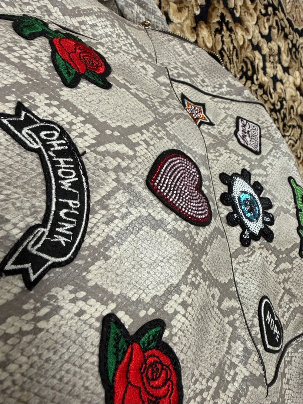Aldo Beige Snake-Print Backpack with Red Rose & Heart Patches